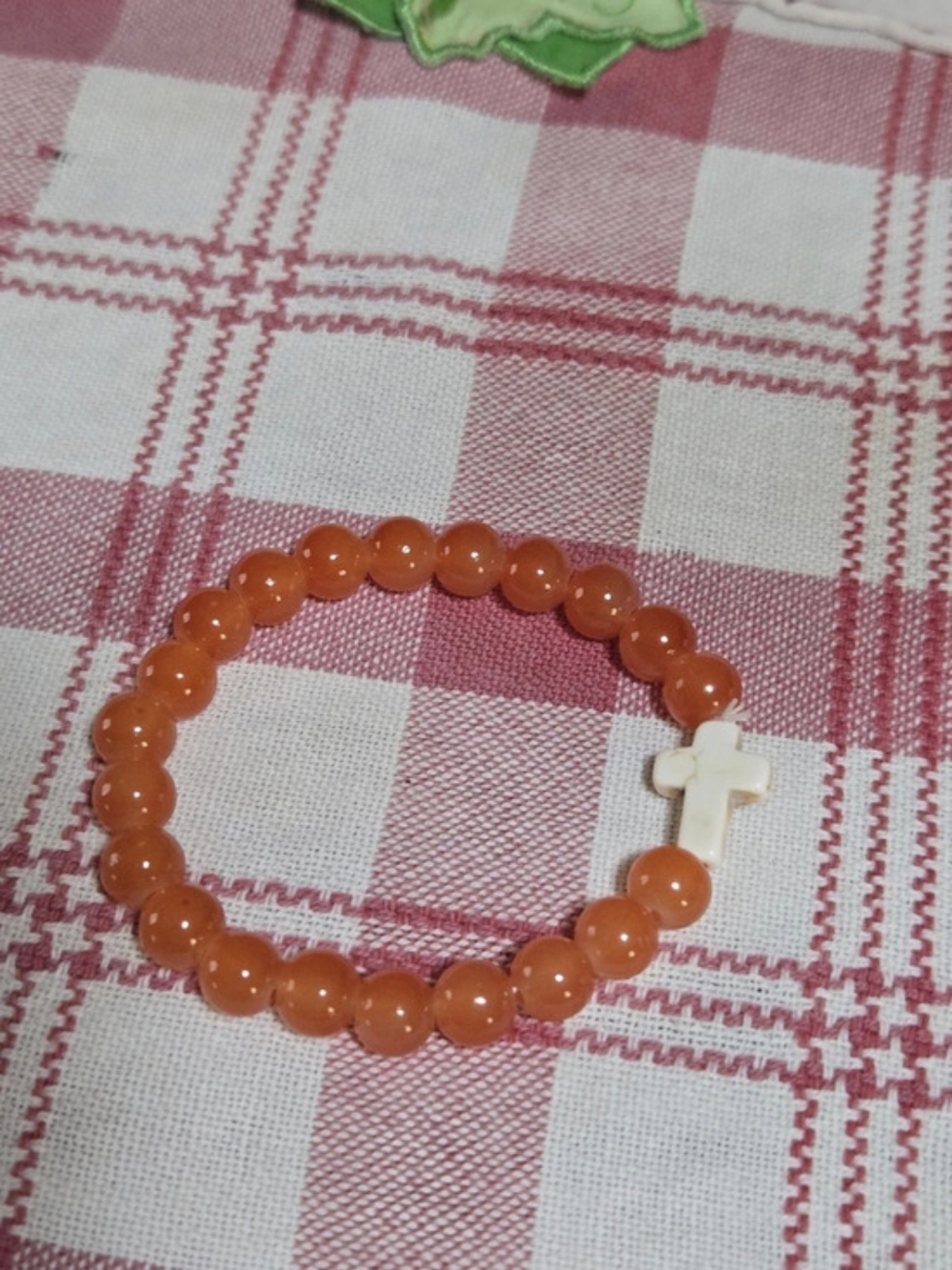 Glass Beaded Cross Bracelet in Coral & White Like New
